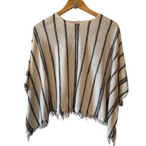 Mango linen poncho tan black stripe fringe boho one size EUC lightweight summer